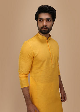 Yellow Self Design Kurta Pajama image number 2